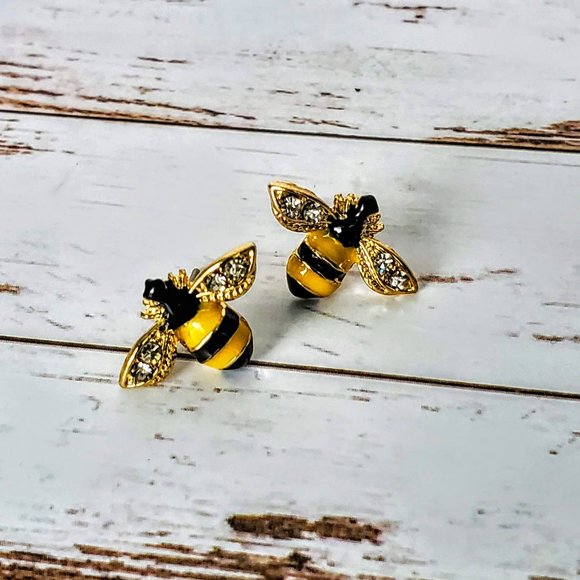 Enamel & Crystal Bee Earrings - Picture 2 of 6